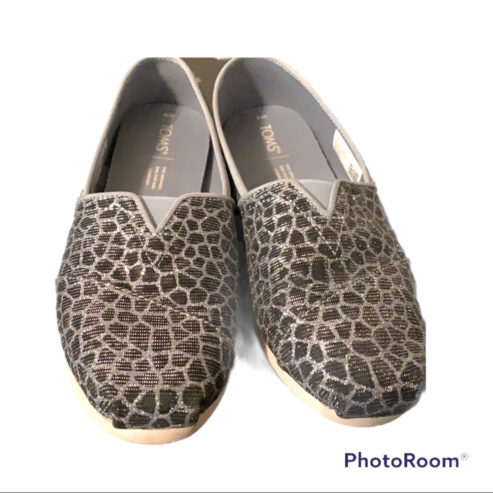 TOMS Blue and Black Slip On Canvas Glitter Animal Print Shoes Size 8